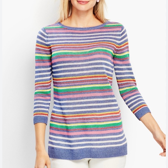 Talbots Petunia Striped 100% Linen Crewneck Sweater Ribbed Hem Side Slits MP - Picture 11 of 12